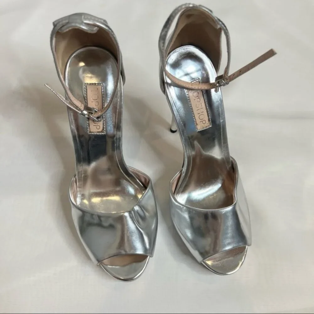 TOPSHOP metallic silver peep toe heels (Sz 37)